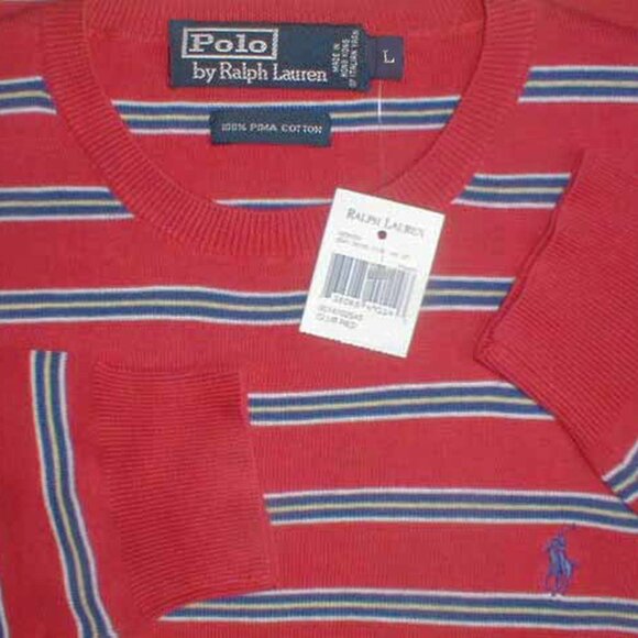 NEW $165 Polo Ralph Lauren Sweater!  Large  Red Striped  Pure Pima Cotton - Picture 2 of 2